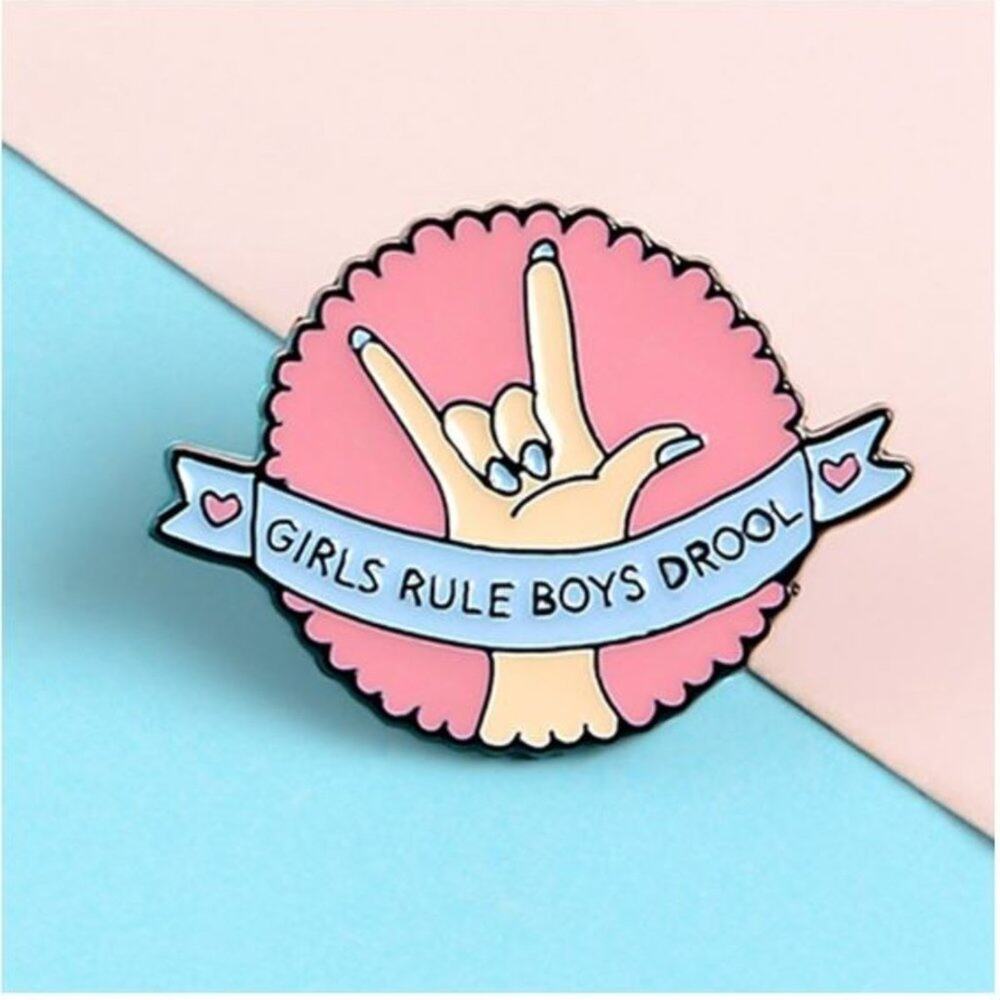 Pink Round Girls Rule Boys Drool Pin Brooch